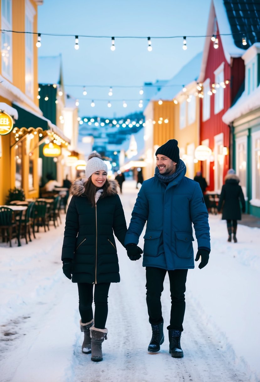 Snow-covered streets of Reykjavik with cozy cafes, colorful buildings, and twinkling holiday lights. A couple walks hand in hand, bundled up against the cold