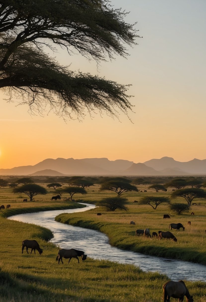 Lush savanna with grazing animals, a winding river, and distant mountains under a golden sunset sky