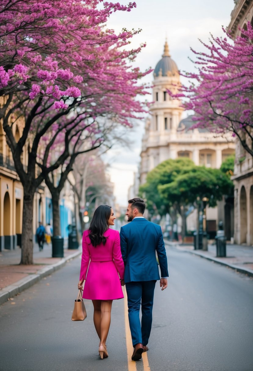 A couple strolling through the colorful streets of Buenos Aires, with blooming jacaranda trees and historic architecture in the background