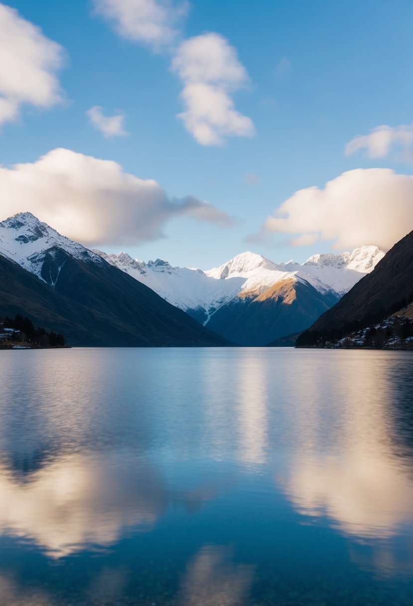 A picturesque lake surrounded by snow-capped mountains in Queenstown, New Zealand
