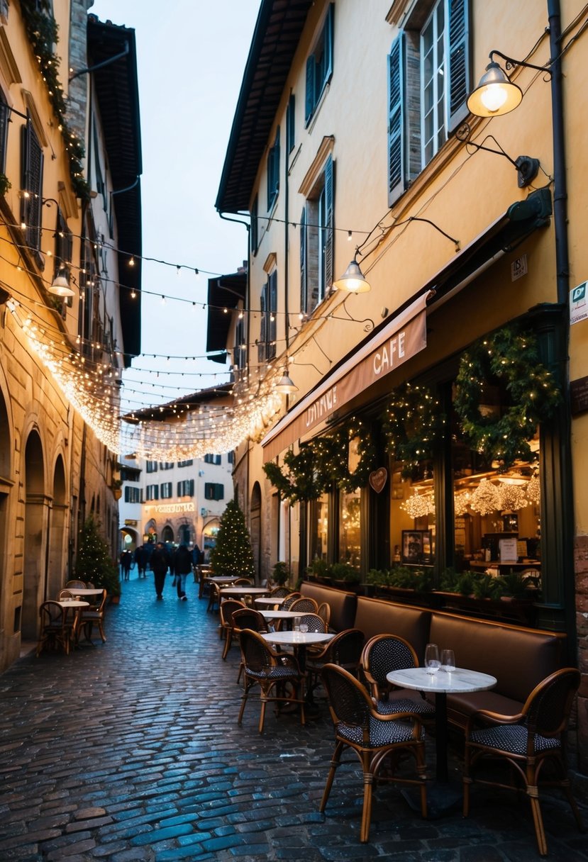A cozy cafe in Florence's historic center, adorned with twinkling holiday lights and surrounded by charming cobblestone streets and medieval architecture