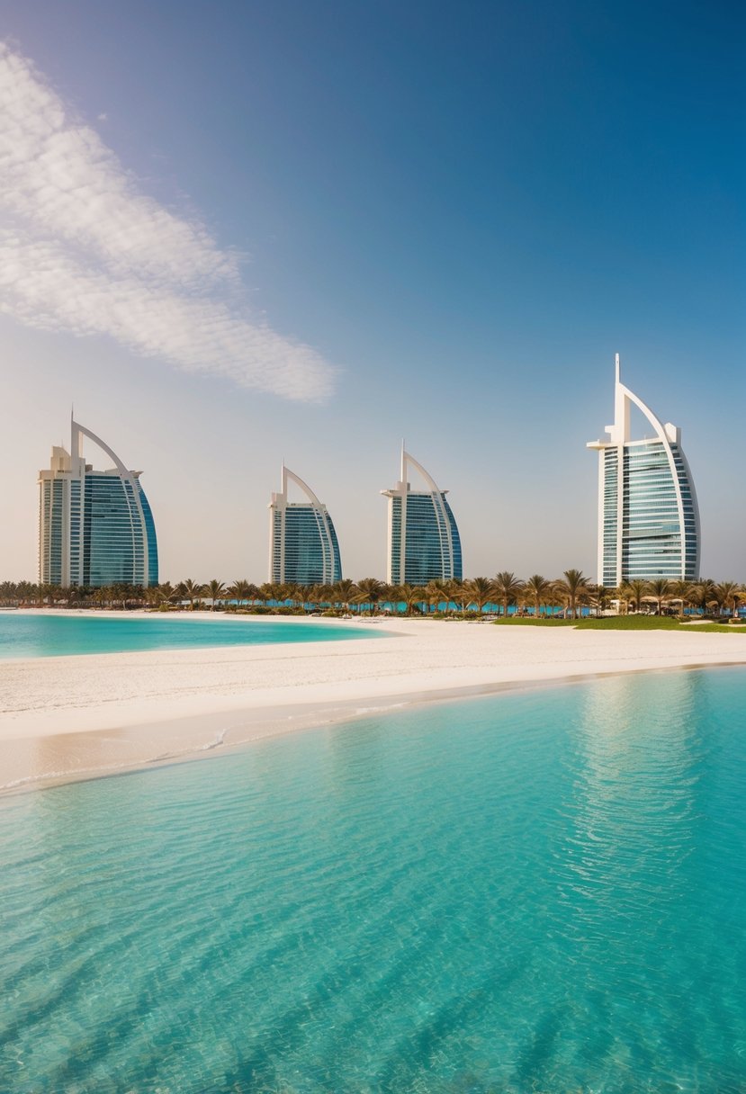 A luxurious beach resort in Dubai with crystal-clear waters, white sandy beaches, and palm trees, perfect for a romantic honeymoon getaway