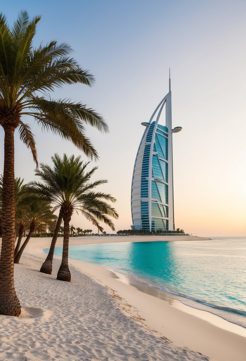 A luxurious beachfront resort with palm trees, a pristine white sand beach, and the iconic sail-shaped silhouette of the Burj Al Arab Jumeirah rising in the background