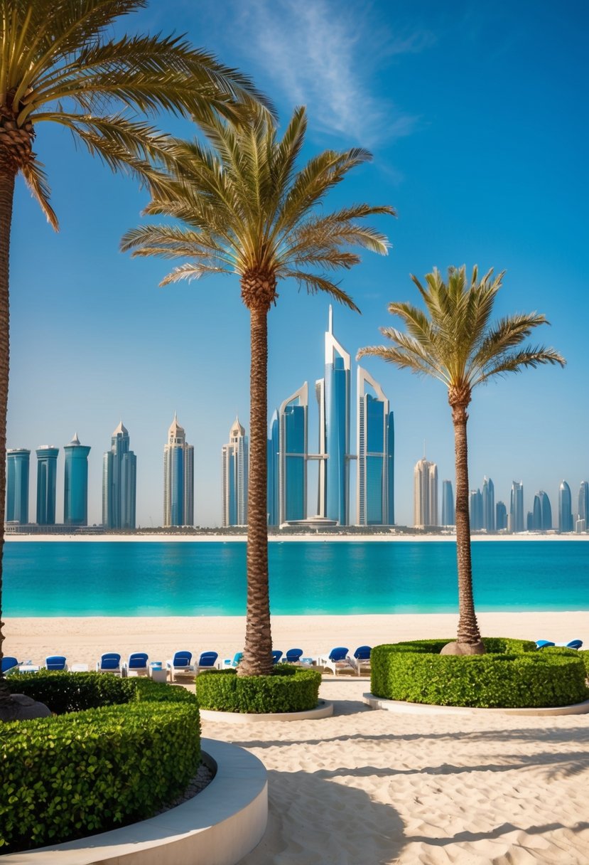 A luxurious beachfront hotel in Dubai with palm trees, pristine sand, and a stunning view of the city's skyline