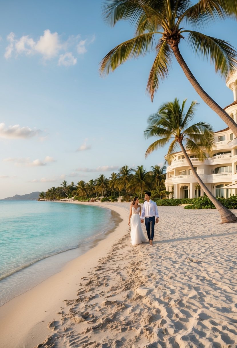 A luxurious beachfront resort with palm trees, crystal-clear waters, and elegant architecture. A couple walks along the sandy shore, enjoying the romantic atmosphere
