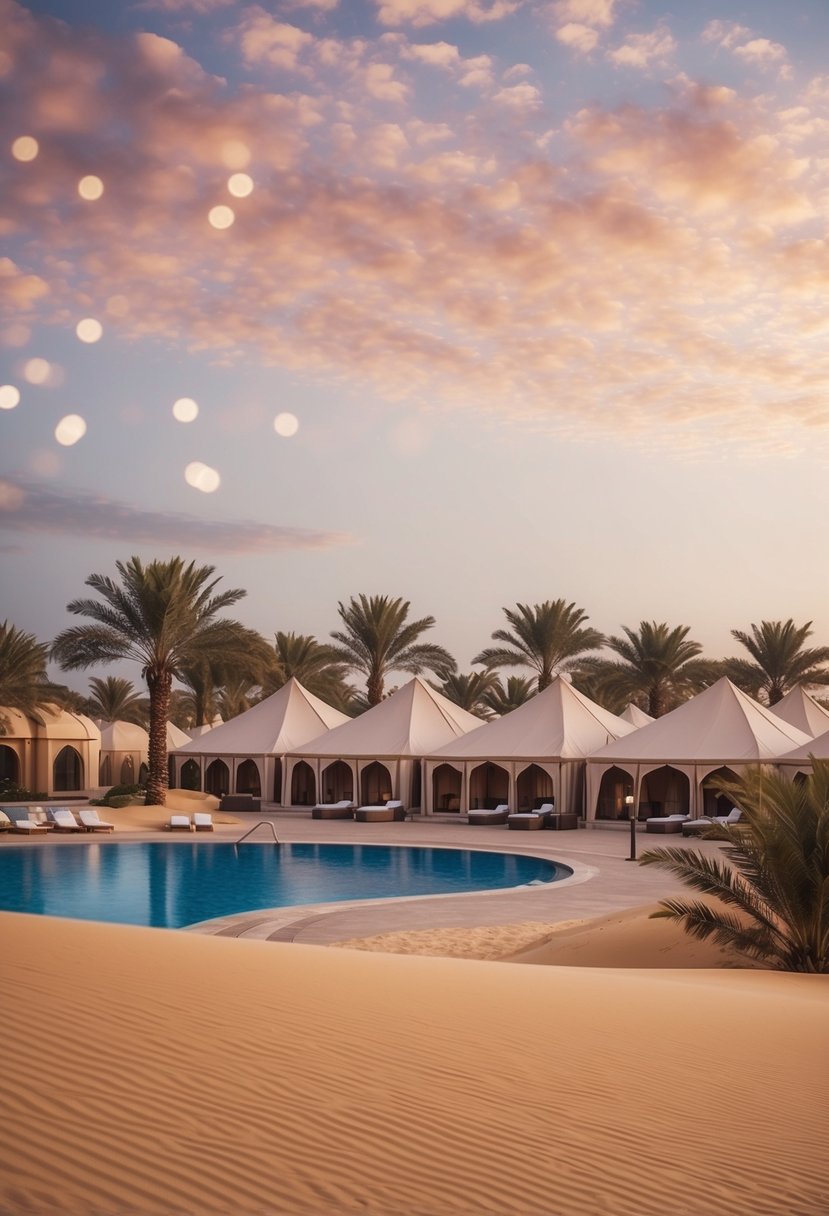 A luxurious desert resort and spa in Dubai, with elegant tents and Arabian architecture, surrounded by sand dunes and palm trees