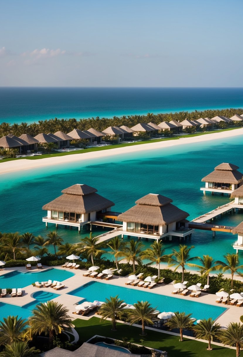 A luxurious beachfront resort with overwater villas and lush gardens in Dubai