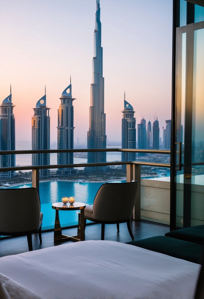 A luxurious suite at Armani Hotel Dubai, with a breathtaking view of the city's skyline and a romantic setting for honeymooners