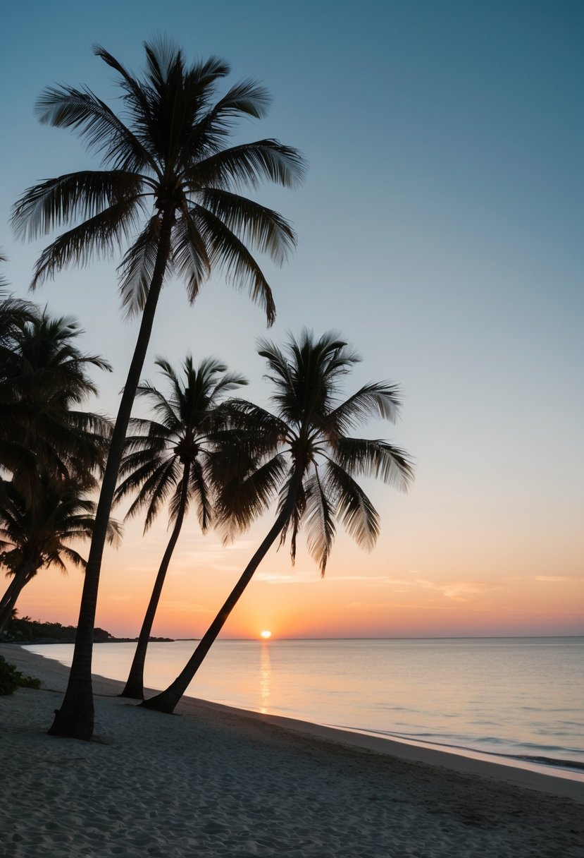 A serene beach at sunset, with palm trees and a calm ocean, perfect for a romantic honeymoon getaway on the East Coast