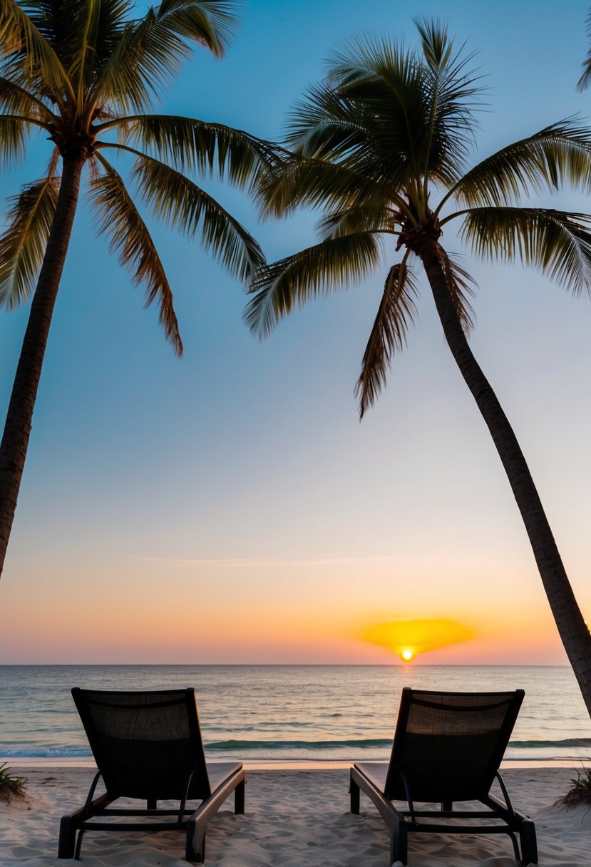 A serene beach at sunset with two empty lounge chairs facing the ocean, surrounded by palm trees and a gentle breeze