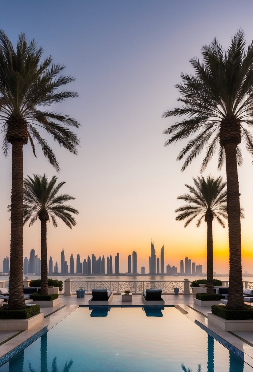 A luxurious poolside view of Palazzo Versace Dubai with palm trees and a stunning sunset over the city skyline