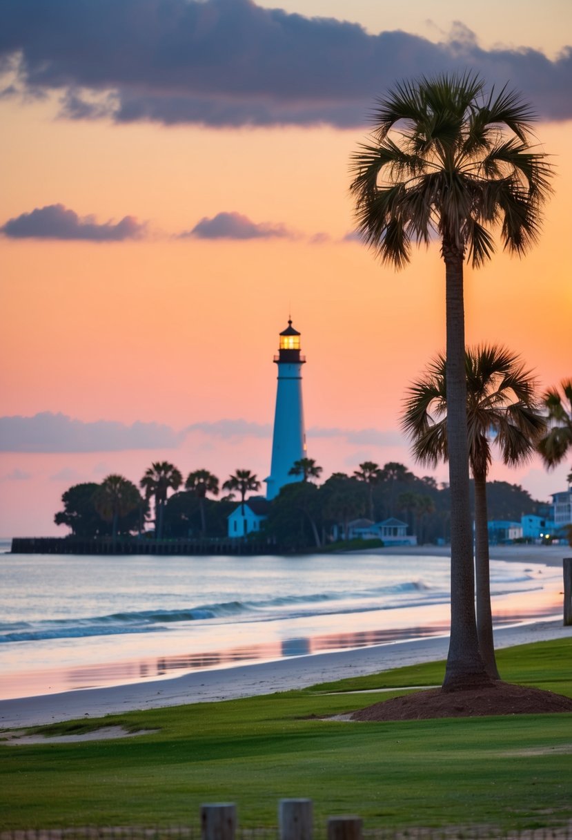 A serene beach at sunset, with palm trees and a historic lighthouse in the background, capturing the romantic essence of Charleston, South Carolina