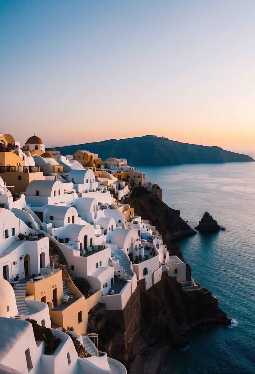 A sunset-lit Santorini cliffside with white-washed buildings cascading down to the crystal-clear waters of the Aegean Sea