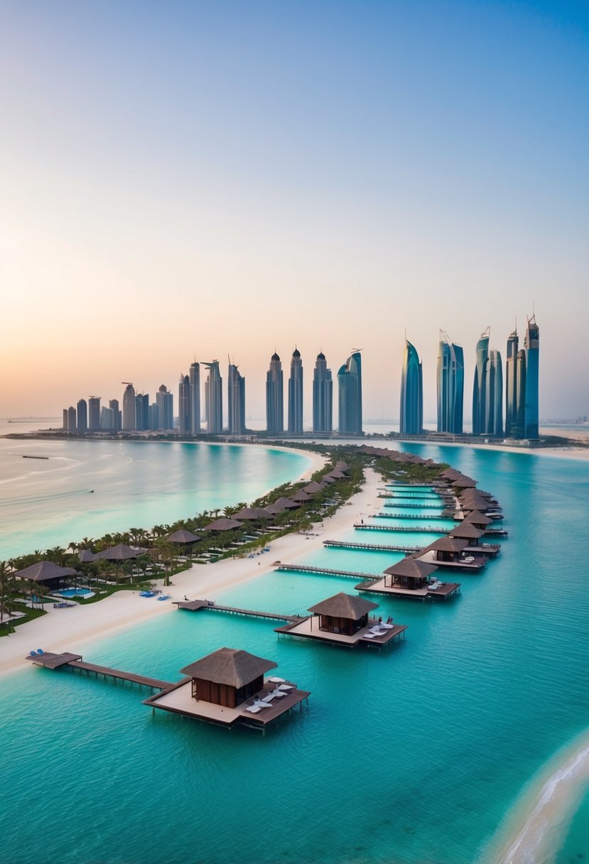 A luxurious beachfront resort on The Palm Jumeirah, with overwater villas, private pools, and stunning views of the Dubai skyline