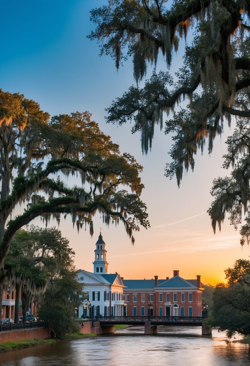 A picturesque sunset over the historic architecture of Savannah, Georgia, with moss-draped oak trees and a tranquil river flowing through the city