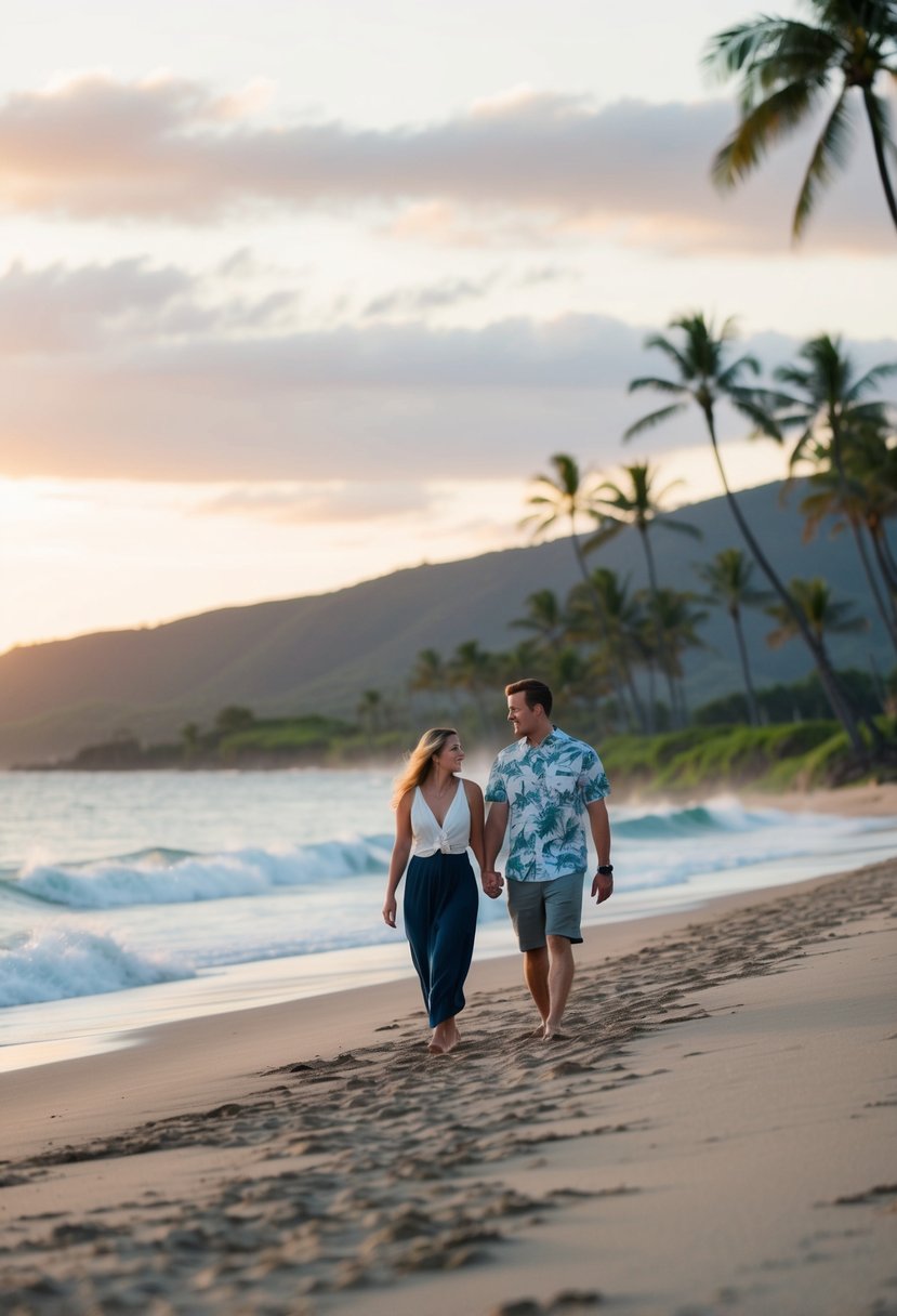 A couple strolling along a secluded beach at sunset in Maui, Hawaii. Palm trees sway in the gentle breeze as the ocean waves crash against the shore
