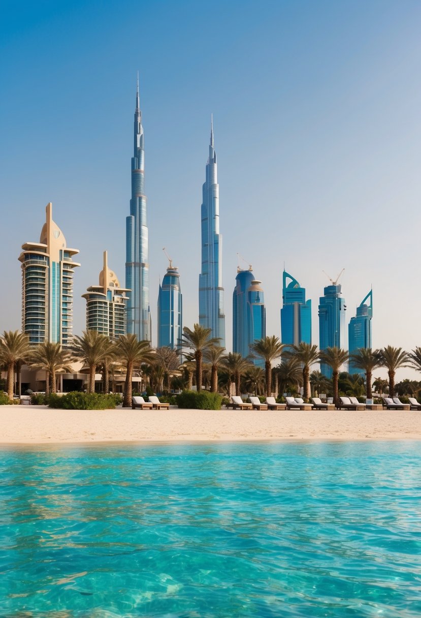 A luxurious beachfront resort with palm trees and crystal-clear waters, set against the backdrop of the iconic Dubai skyline