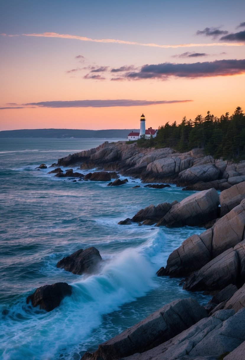 A serene sunset over the rugged coastline of Acadia National Park, with waves crashing against the rocky shore and a lighthouse in the distance