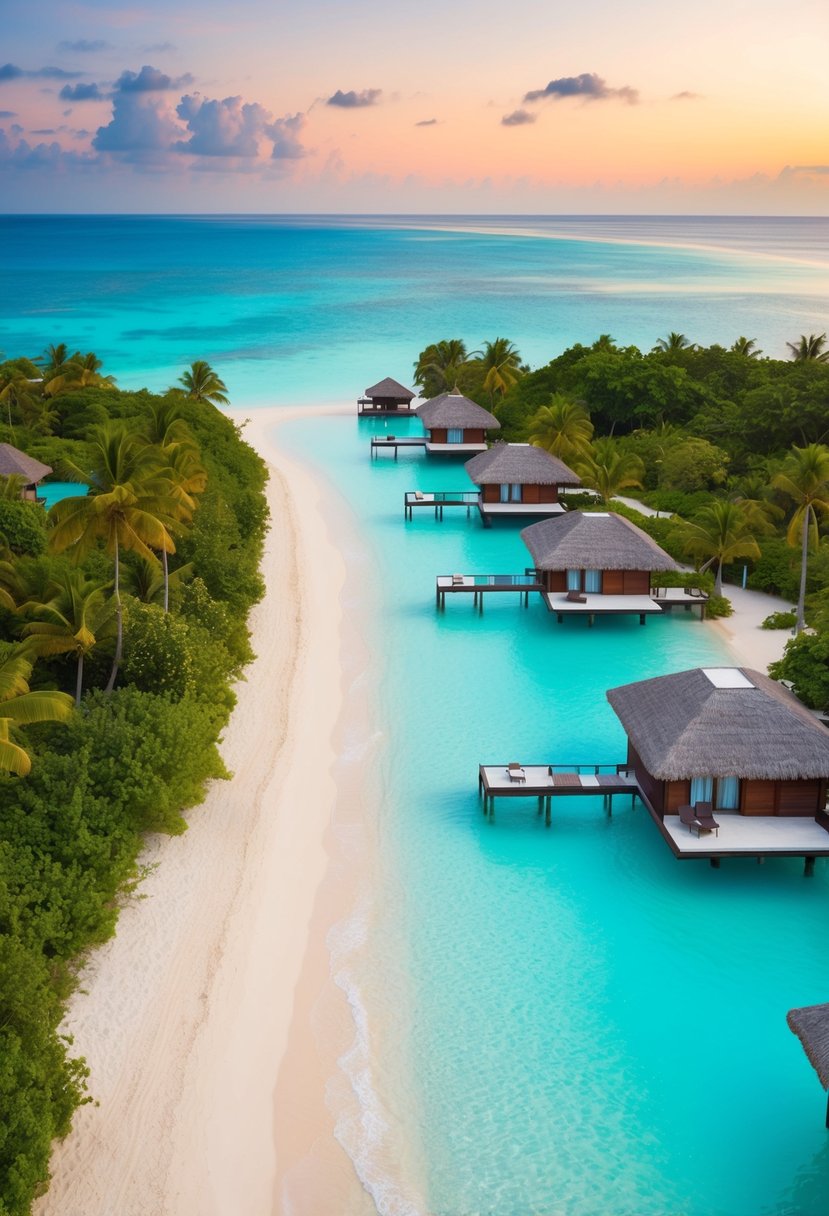 A serene beach with crystal-clear turquoise water, overwater bungalows, lush greenery, and a colorful sunset over the horizon