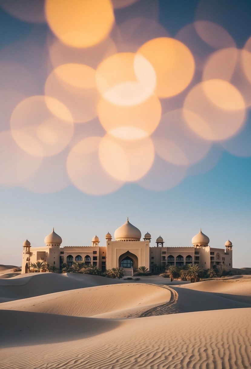 A luxurious desert resort with traditional Arabian architecture nestled among sand dunes under a clear blue sky