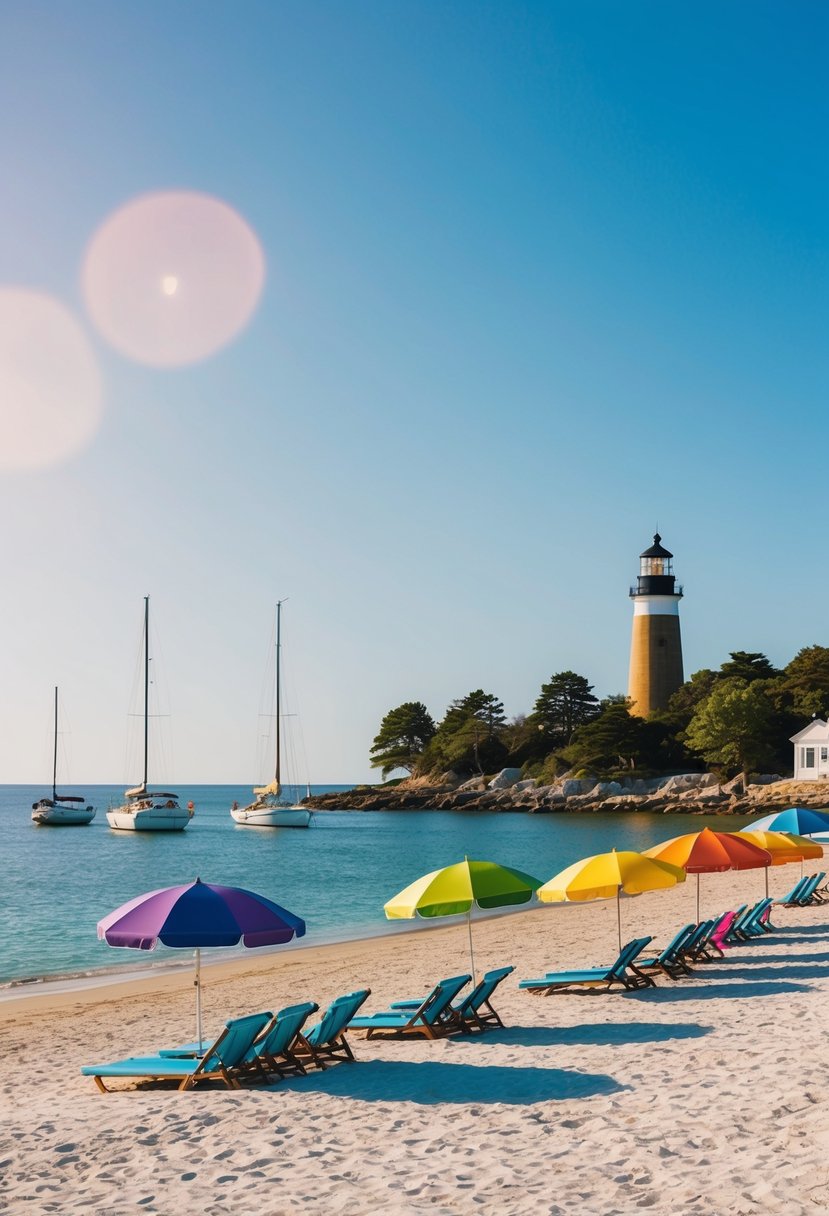 A serene beach at Martha's Vineyard with a lighthouse, sailboats, and colorful beach umbrellas under a clear blue sky