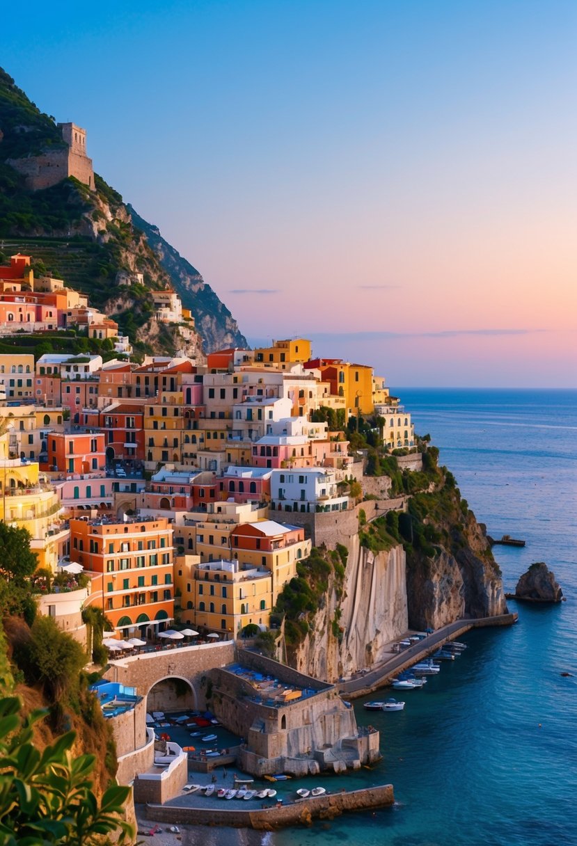 A sunset over the Amalfi Coast, with colorful buildings perched on steep cliffs, overlooking the clear blue waters of the Mediterranean Sea