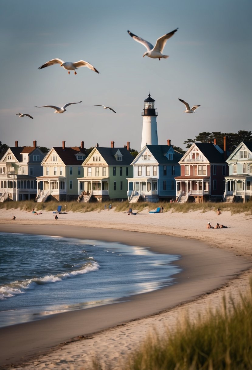 A serene beach at Cape May, NJ with a lighthouse in the distance, colorful Victorian houses lining the shore, and seagulls flying overhead