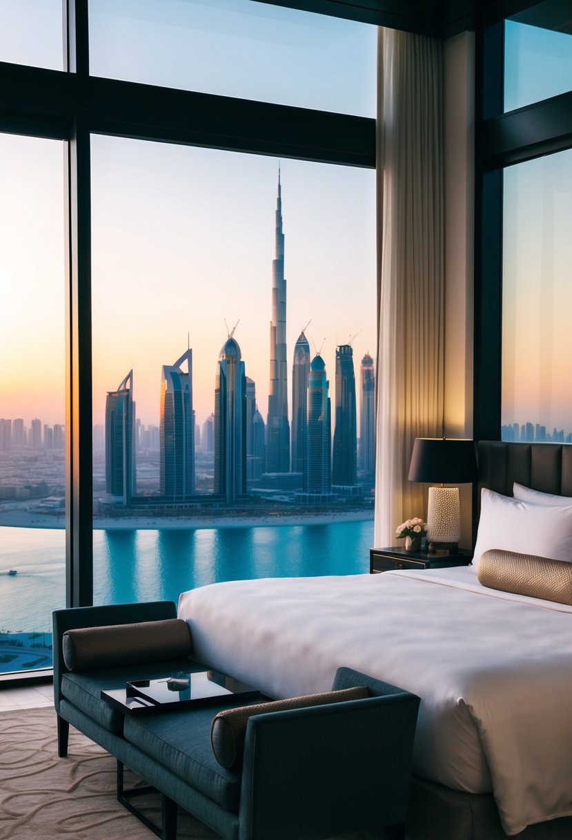 A luxurious honeymoon suite at Raffles Dubai, with a stunning view of the city skyline from the floor-to-ceiling windows