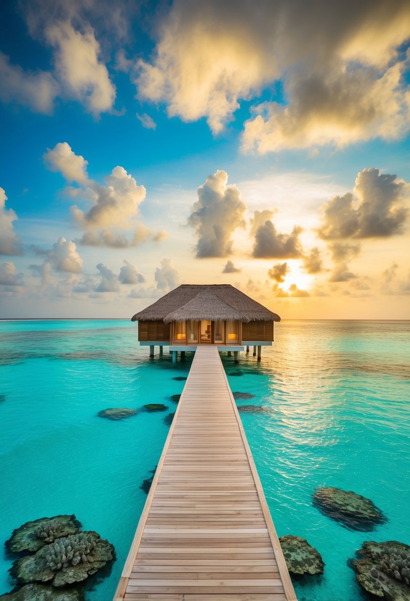 A secluded overwater bungalow in the Maldives, surrounded by crystal-clear turquoise water and vibrant coral reefs. A colorful sunset paints the sky, casting a warm glow over the serene scene
