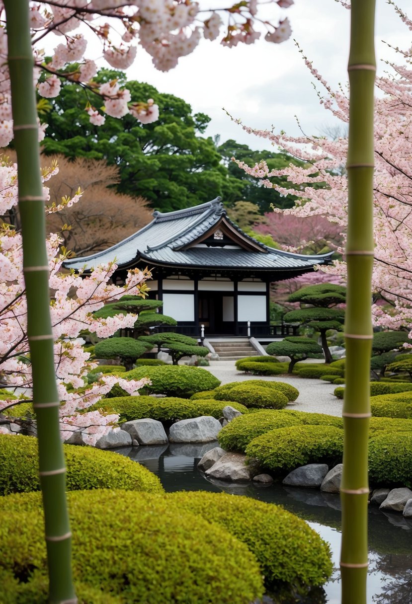 A serene garden with blooming cherry blossoms and a traditional Japanese tea house nestled among bamboo groves in Kyoto, Japan