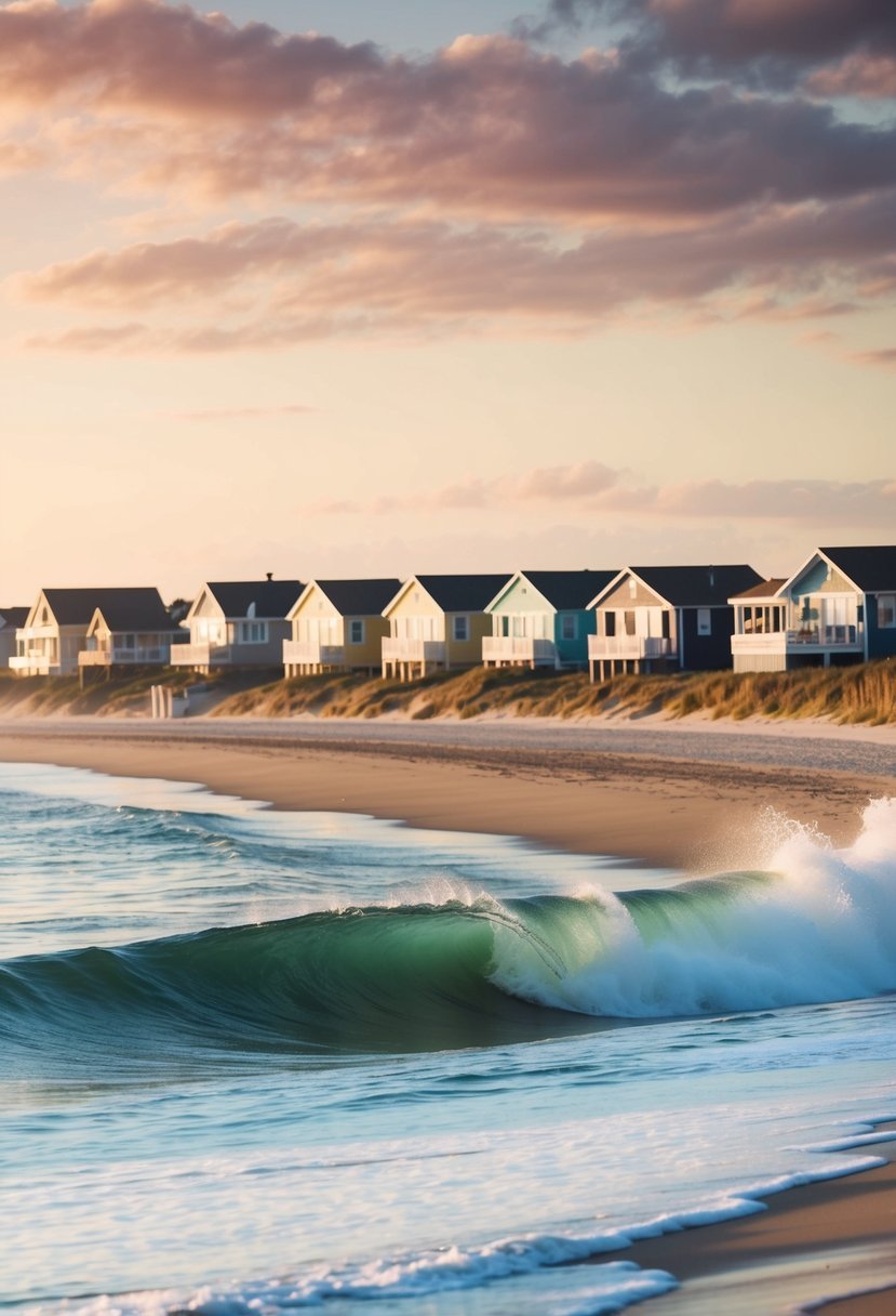 A serene beach at sunrise, with colorful beach houses lining the shore and waves crashing against the sandy coastline