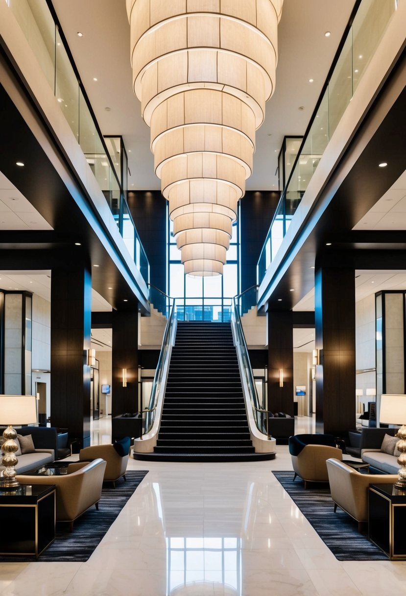 A luxurious, modern hotel lobby with sleek furniture, elegant lighting, and a grand staircase leading to the upper floors