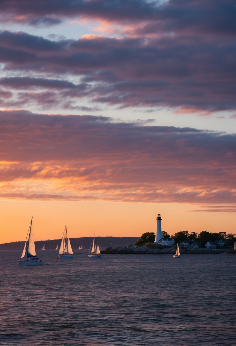 A picturesque sunset over the Newport, Rhode Island coastline, with sailboats dotting the horizon and a historic lighthouse in the distance