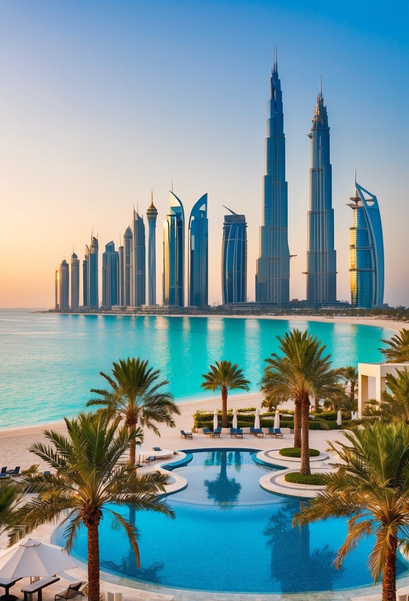 A luxurious beachfront resort with palm trees, infinity pool, and a stunning view of the Dubai skyline