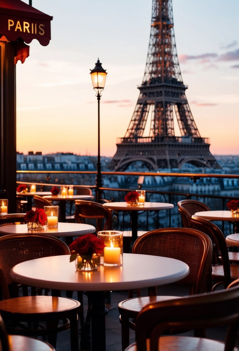 A cozy bistro in Paris, with a view of the Eiffel Tower at sunset. Tables adorned with candles and red roses, creating a romantic ambiance