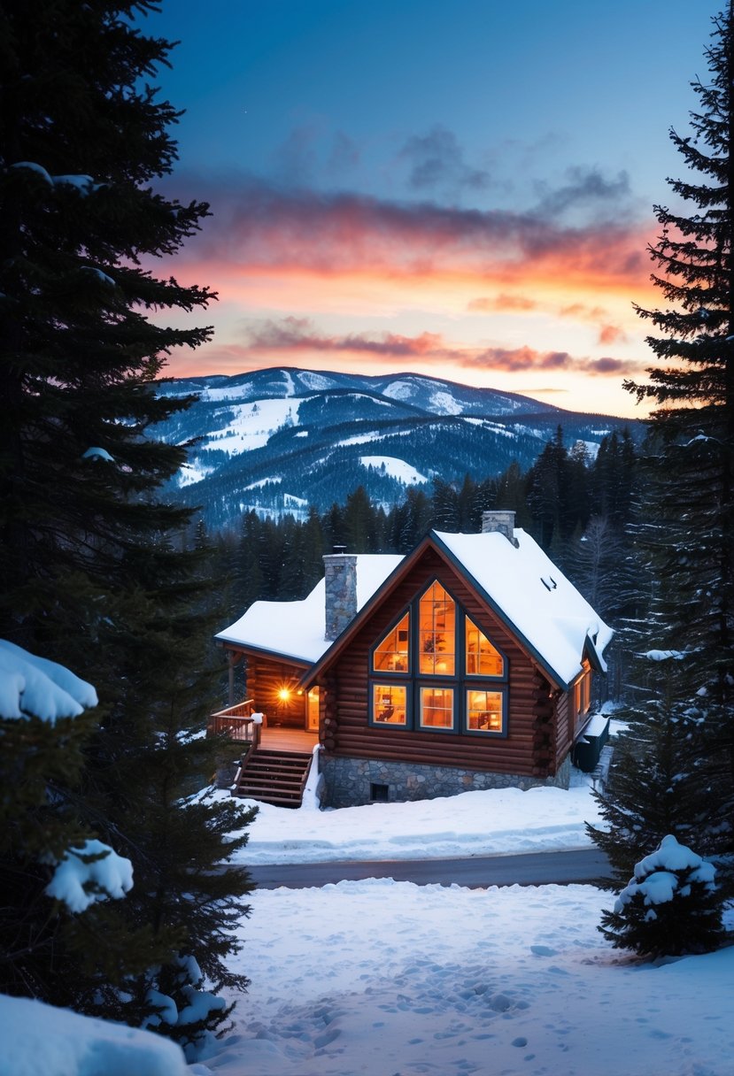 A cozy cabin nestled in the snow-covered mountains of Stowe, Vermont, with a warm fire burning and a picturesque view of the surrounding forest