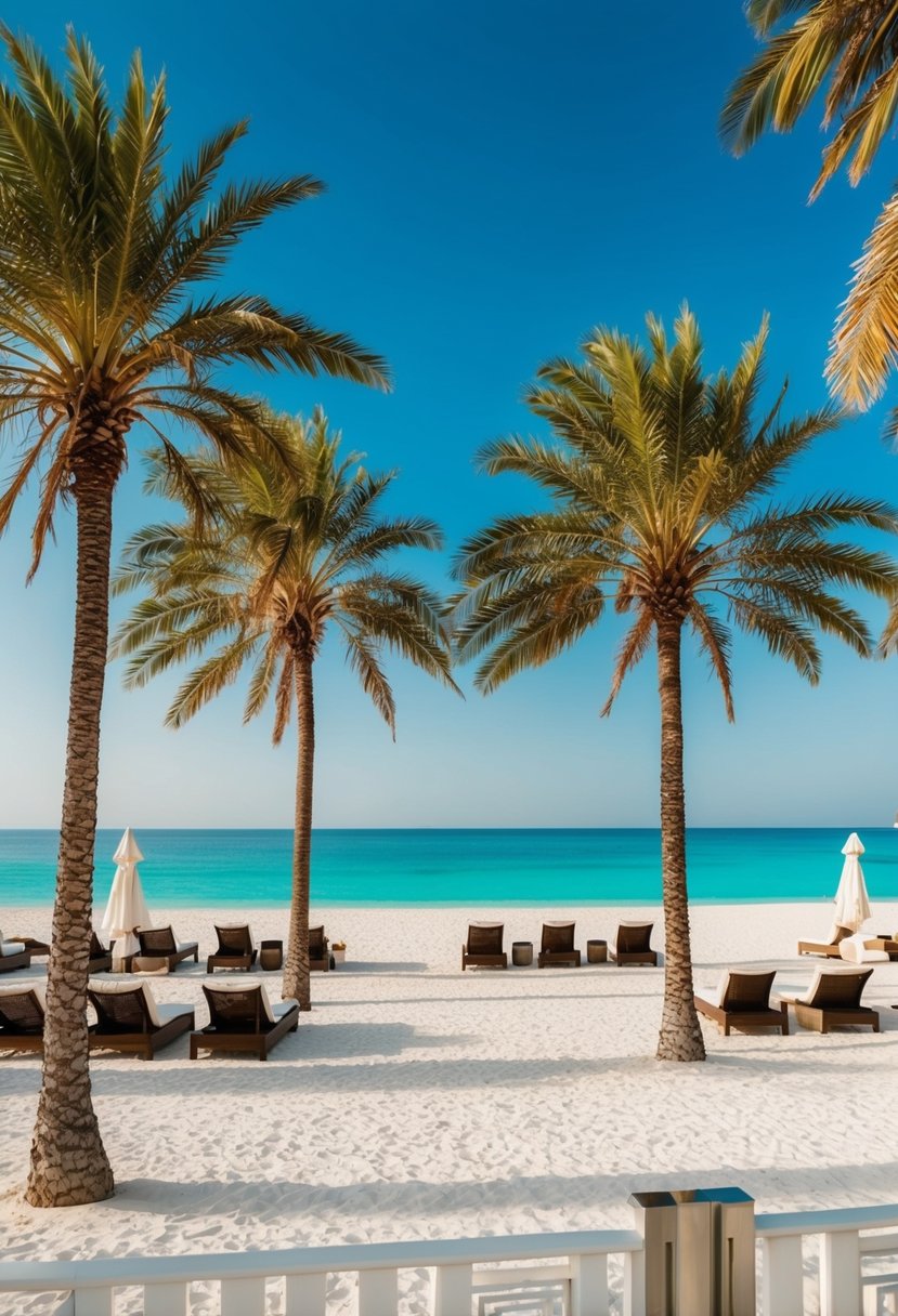 A luxurious beachfront resort in Dubai with palm trees, white sand, and clear blue waters, perfect for a romantic honeymoon getaway