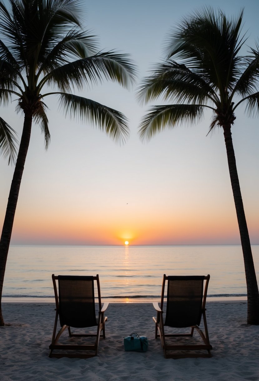 A serene beach at sunset, with palm trees, a calm ocean, and a couple of beach chairs facing the water