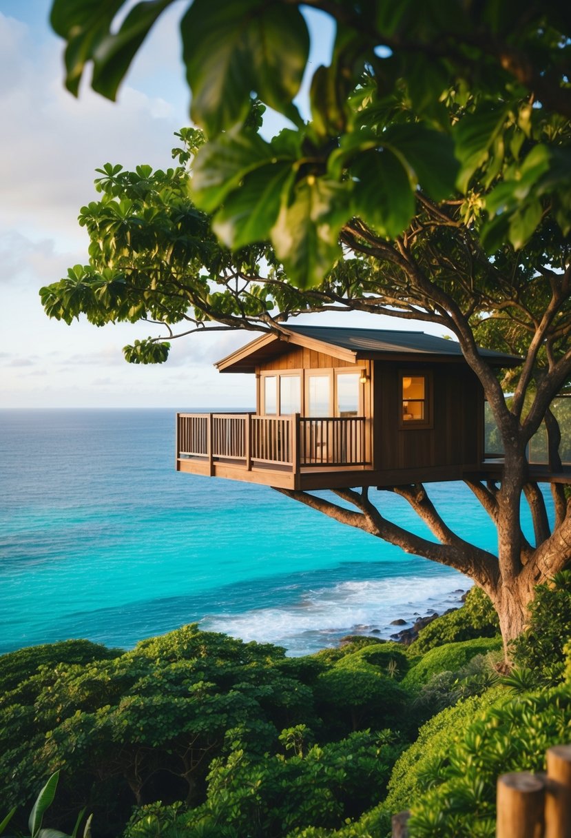 A cozy treehouse nestled in lush greenery, overlooking the turquoise waters of Maui, Hawaii. A romantic setting for a honeymoon getaway