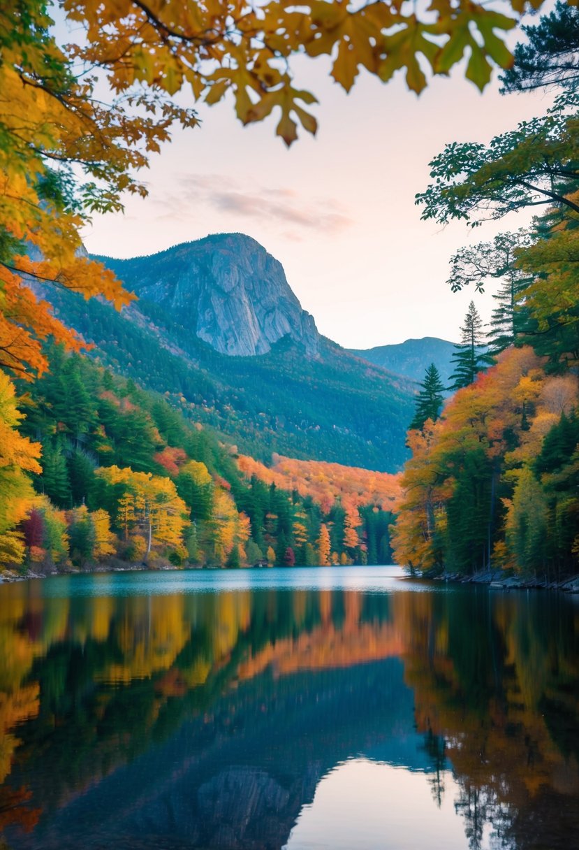 A serene lake nestled among the towering Adirondack mountains, surrounded by lush forests and vibrant autumn foliage