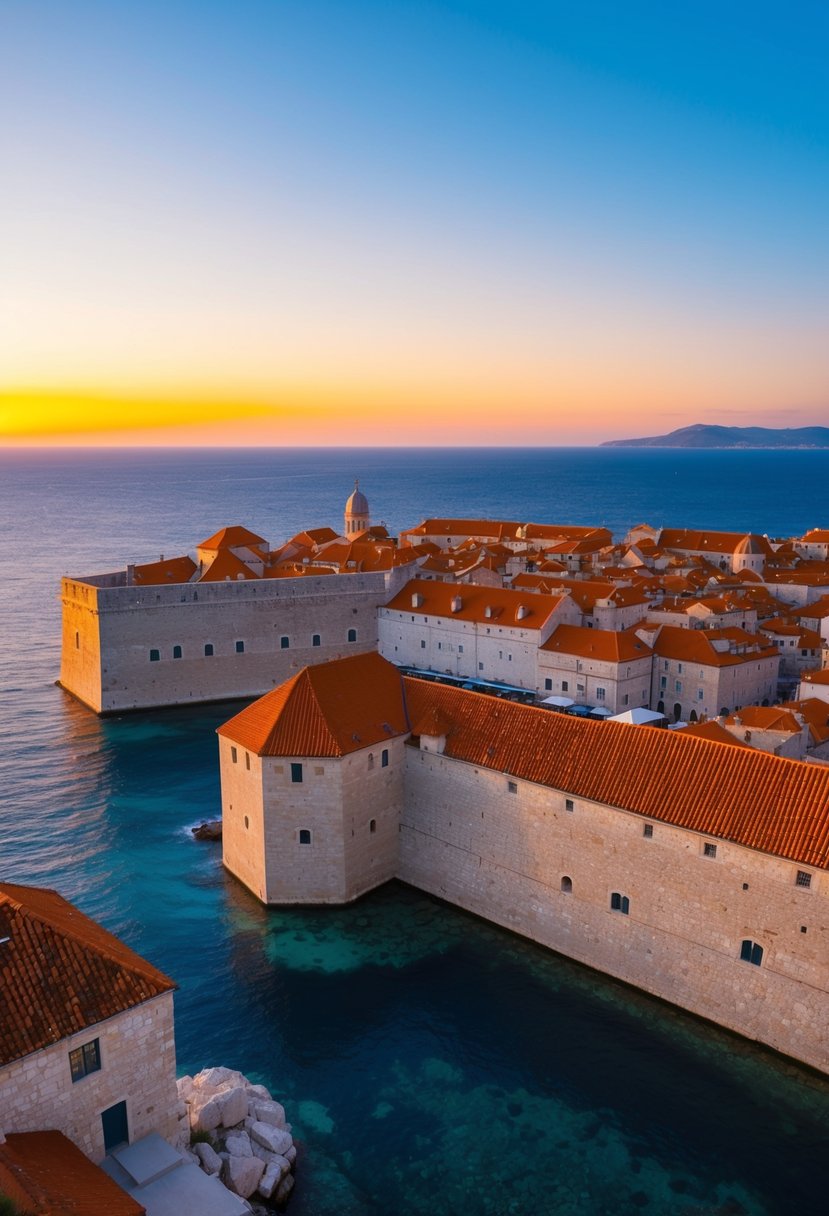 A sunset over the ancient walls of Dubrovnik, with terracotta roofs and the Adriatic Sea in the background