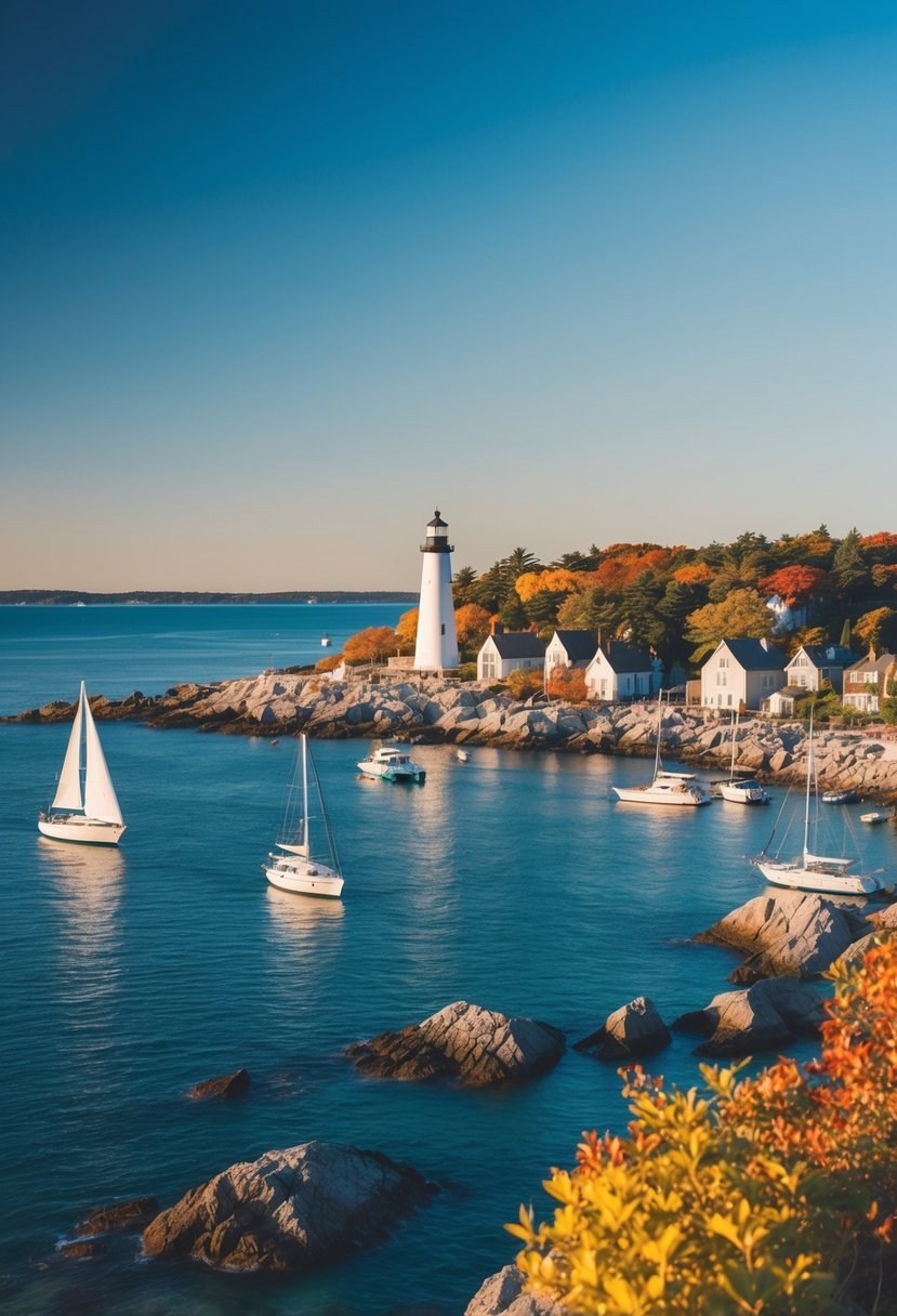 A serene coastal town with rocky shores, sailboats, and a lighthouse against a backdrop of colorful foliage and a clear blue sky