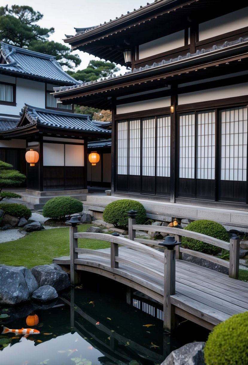 A traditional Kyoto ryokan with a tranquil garden, paper lanterns, and a wooden bridge over a koi pond