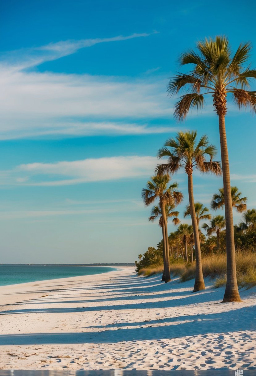 A serene beach at Hilton Head Island, with palm trees, white sand, and clear blue waters stretching to the horizon