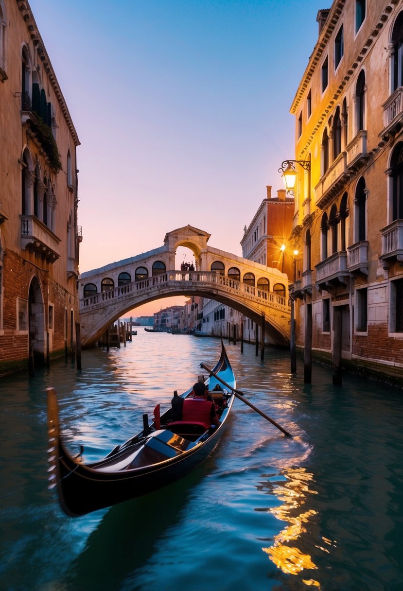 A gondola glides through the narrow canals of Venice, passing under arched bridges and past ancient buildings illuminated by the warm glow of streetlights