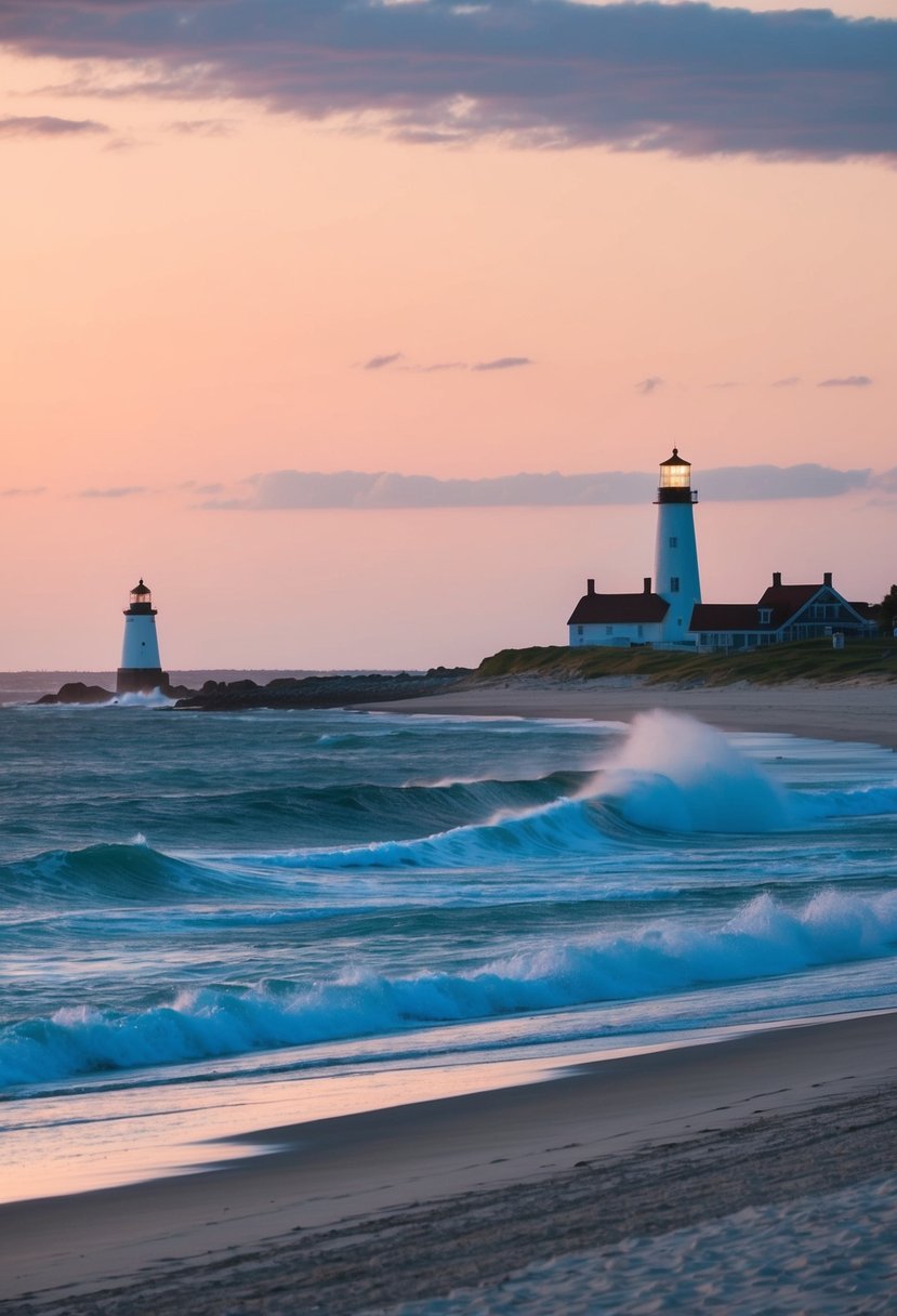 A picturesque Nantucket beach at sunset, with a lighthouse in the distance and waves crashing on the shore