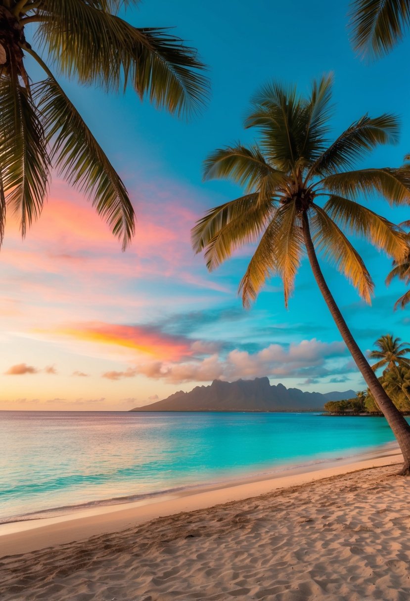 A secluded beach at sunset with palm trees, clear turquoise water, and a colorful sky in Fiji
