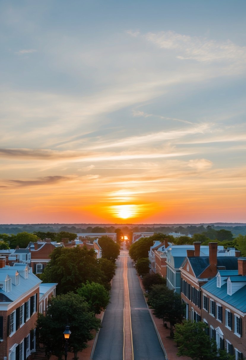 A serene sunset over the historic streets of Williamsburg, Virginia, with colonial buildings and lush greenery lining the landscape