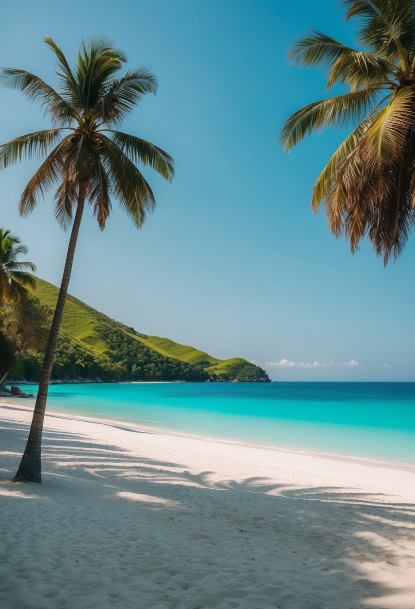 A secluded beach with turquoise waters, palm trees, and a soft white sand shoreline, surrounded by lush green hills and a clear blue sky