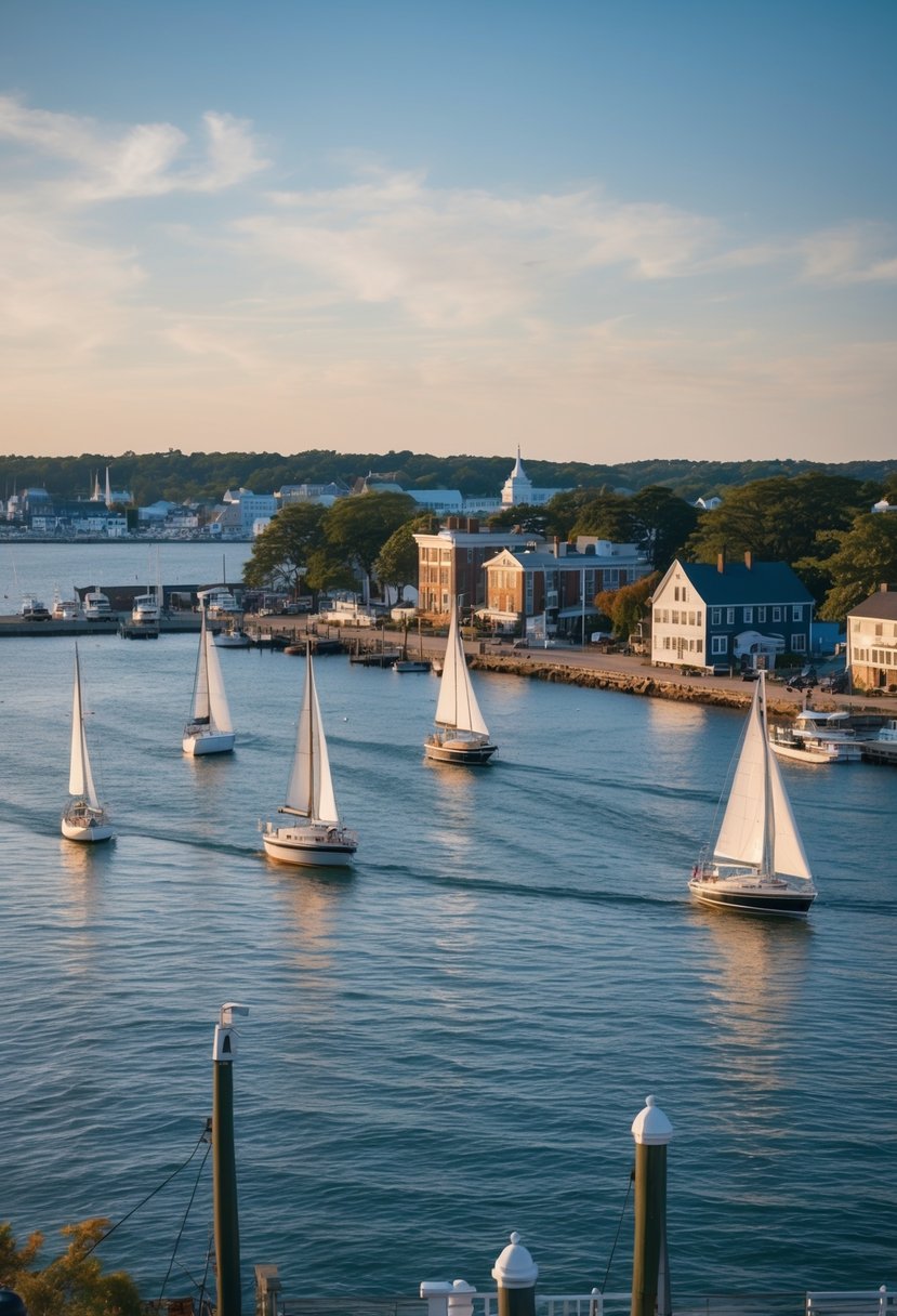 A picturesque waterfront view of Portsmouth, NH with sailboats, historic buildings, and a charming coastal atmosphere